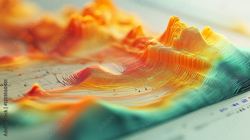 Poster a detailed shot of a d surface graph on a screen, with a topographic appearance and color gradients 