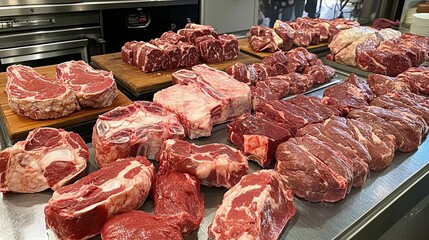 A butcher shop counter with neatly arranged cuts of meat and a butchers block