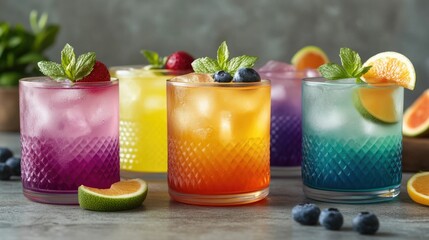 Refreshing summer mocktails with a variety of fresh fruit garnishes such as lime orange blueberry and raspberry served in colorful tumblers on a tabletop  The mocktails are non alcoholic healthy