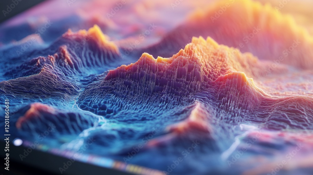 Poster a detailed shot of a d surface graph on a screen, with a topographic appearance and color gradients 