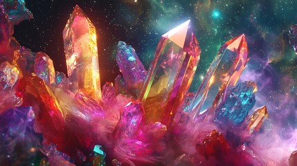 Fluorescent crystals and vibrant digital gemstones suspended in a cosmic space scene with radiant, swirling colors and patterns