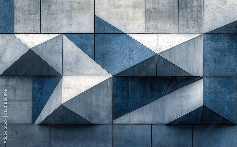 Poster abstract geometric concrete wall design with blue and gray triangular patterns reflecting light and 