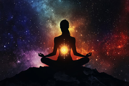 Silhouette of a young woman sitting in a meditation lotus yoga pose against the cosmic background.  - Powered by Adobe