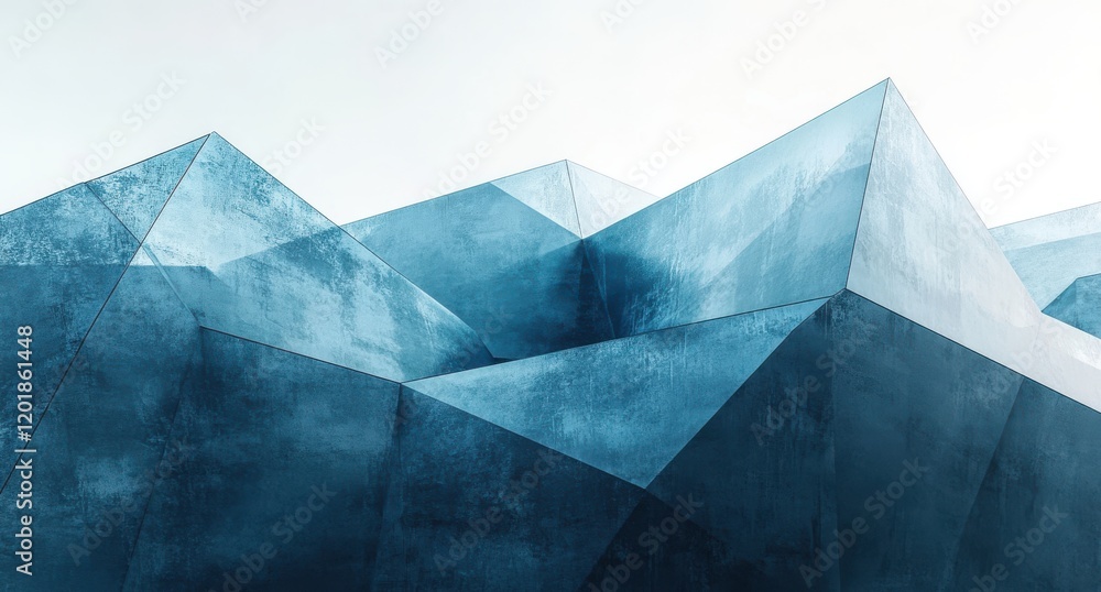 Poster Abstract Geometric Landscape in Shades of Blue Featuring Sharp Textures and Dynamic Angles Against a Light Background Evoking a Sense of Depth and Mystery