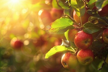 A CloseUp of Apples on a Tree Branch in an Apple Orchard with the Sun Shining Through the Leaves
