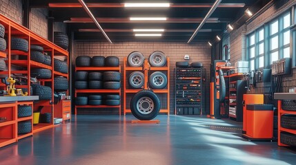 A car tire service area with racks of tires and a hydraulic jack ready for use