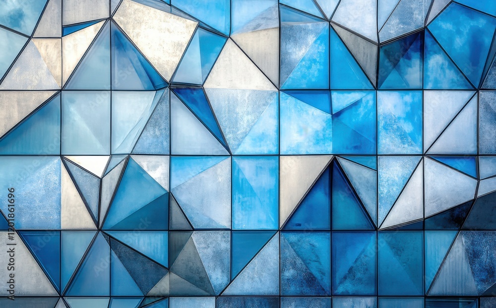 Poster abstract geometric pattern of blue and turquoise triangles on a textured wall, reflecting light and 