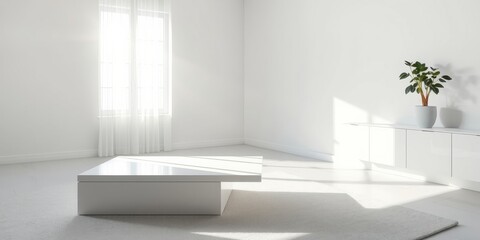 Fototapeta premium A minimal interior design featuring a white coffee table and a white cabinet, with a single potted plant and a large window letting in natural light