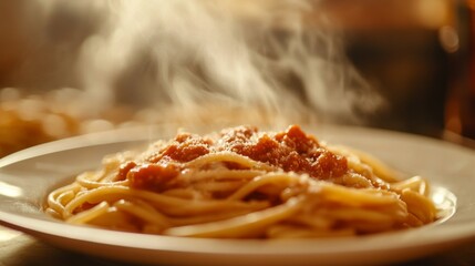 Fototapeta premium A detailed shot of a plate of freshly cooked pasta with sauce, steam gently wafting up from the dish, highlighting the warmth and inviting aroma of the meal.