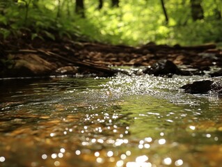 Fototapeta premium Shallow creek flows peacefully through a serene forest with dappled sunlight on the surface