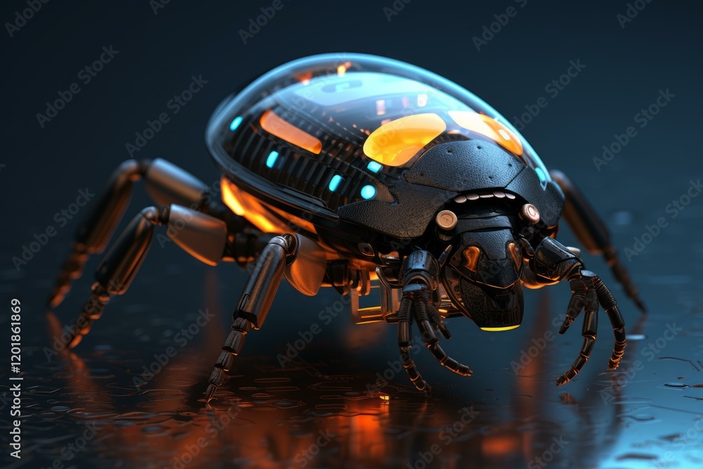Poster futuristic robot insect with glowing lights explores a wet surface, showcasing advanced technology a