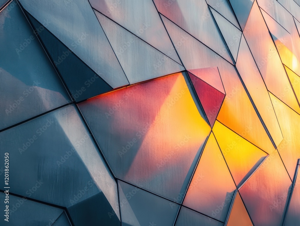 Poster Abstract Geometric Patterns on a Modern Architectural Facade Featuring Shimmering Colors and Dynamic Light Interactions