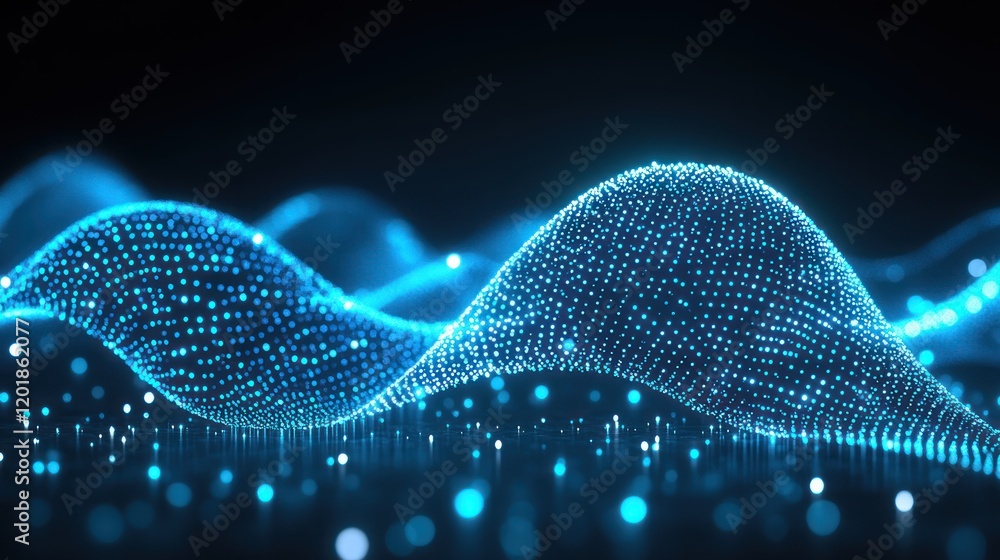 Poster abstract blue glowing particle waves: dynamic flowing energy and futuristic technology background