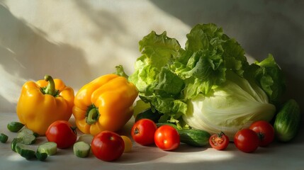 A vegetable arrangement featuring bright yellow peppers, crisp lettuce, and ripe tomatoes, scattered naturally on a neutral surface with soft lighting
