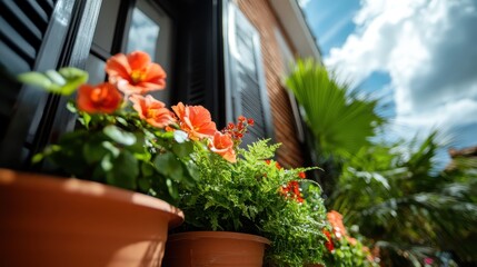 Fototapeta premium A row of vibrant orange flowers in terracotta pots sit on a sunny balcony, exuding warmth, nature's beauty, and serene joy under a clear blue sky.