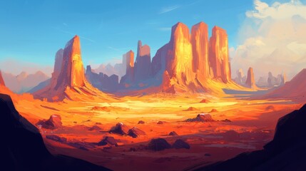 Naklejka premium Golden desert landscape with majestic sandstone formations under a vibrant sky.