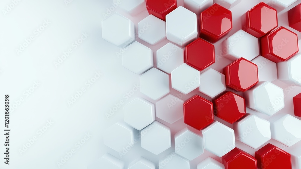 Poster a captivating visual of 3d hexagonal red and white tiles, neatly aligned to the left, offering a mod