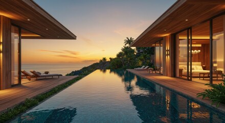 Fototapeta premium Luxurious cliffside villa, infinity pool overlooking ocean, sunset view, floor-to-ceiling windows, modern architecture, tropical paradise, golden hour lighting, reflective water surface, seamless indo