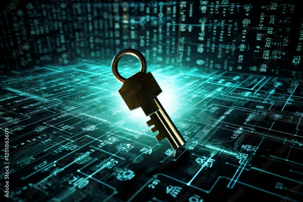 Poster metal key hovering over digital circuit board, symbolizing cybersecurity and data protection in virt