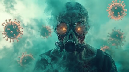 Person Wearing Gas Mask Surrounded By Virus Particles in Overcast and Smokey Environment