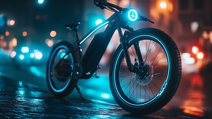 Futuristic electric bike with illuminated wheels parked on a wet city street at night.