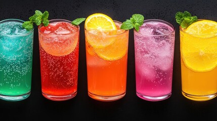 Vibrant and Refreshing Chilled Drinks with Condensation Covered Glasses Colorful assortment of cold beverages including cocktails juices and sparkling water