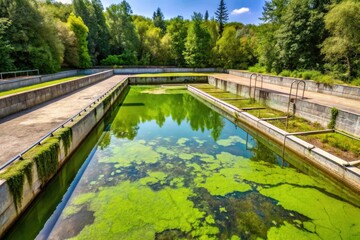 Fototapeta premium Abandoned outdoor swimming pool with green algae and slime mold, vegetation takeovers, water damage, algae blooms