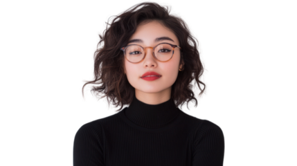 A confident young woman with curly hair and glasses poses for the camera, showcasing her unique style and personality in a modern, elegant setting.