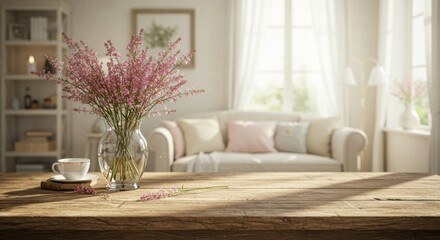 Interior design, living room, wooden table, glass vase, pink flowers, natural light, window, curtains, cozy atmosphere, soft focus, warm tones, blurred background, sofa, throw pillows, table lamp, hyg