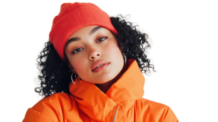 A young woman wearing an orange jacket and a red beanie exudes confidence with a calm expression. Her curly hair adds a playful element to her look.