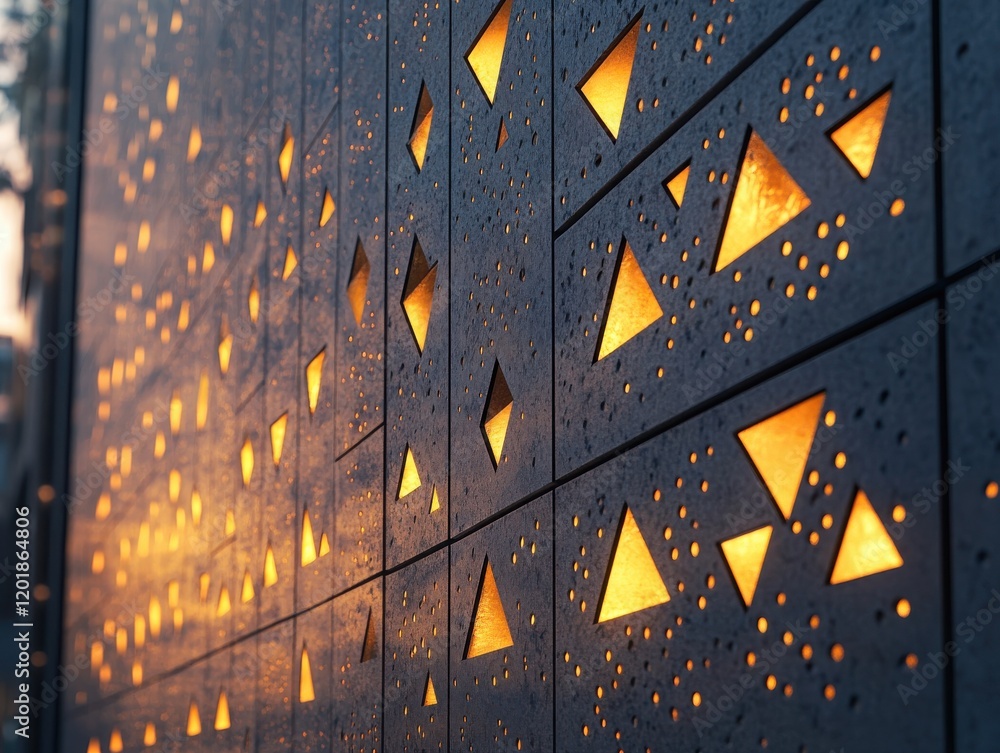 Poster abstract pattern of geometric shapes with glowing lights on textured wall creating a modern architec