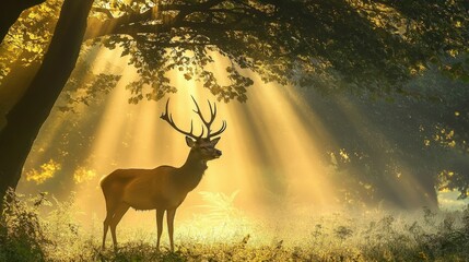 A serene image of a majestic deer standing in a misty forest, with sunlight streaming through the trees