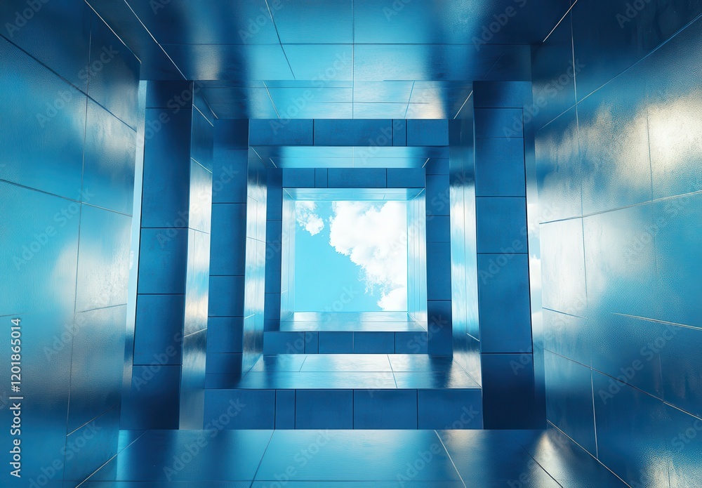 Aufkleber abstract perspective of a blue skylight surrounded by geometric shapes emphasizing depth, reflection