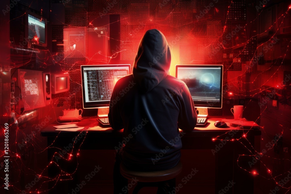 Poster hacker wearing a hoodie using computer to break into corporate network security system