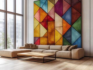 Modern minimalist interior design of a residential living room with walls and sofas finished using color panels. Generative AI

