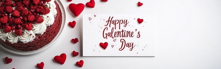 A cute Galentine's Day card with a red velvet cake and hearts, perfect for celebrating friendship. Ideal for greeting cards and festive occasions.