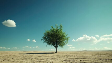A lonely tree standing on barren land under a clear blue sky with some clouds