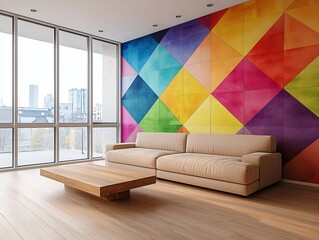 Modern minimalist interior design of a residential living room with walls and sofas finished using color panels. Generative AI
