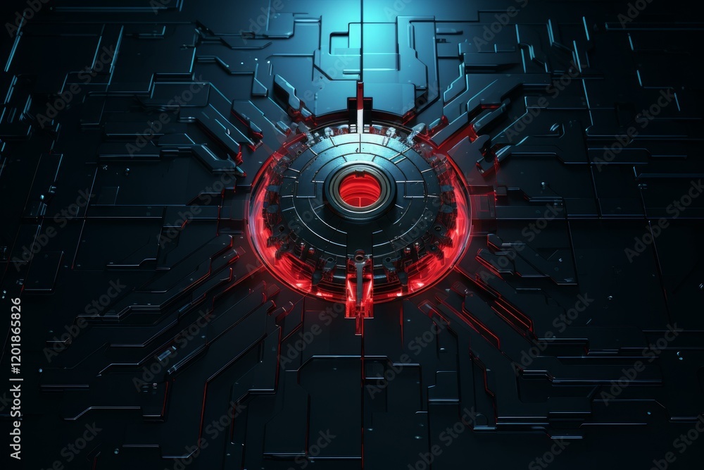 Poster complex metallic panel with intricate circuitry is powered by a central red glowing core, showcasing