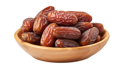 Obraz premium Sweet Juicy Dates in Wooden Bowl on a transparent background
