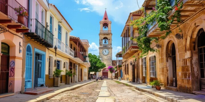 A vibrant street scene featuring colorful buildings and a clock tower under a clear blue sky.