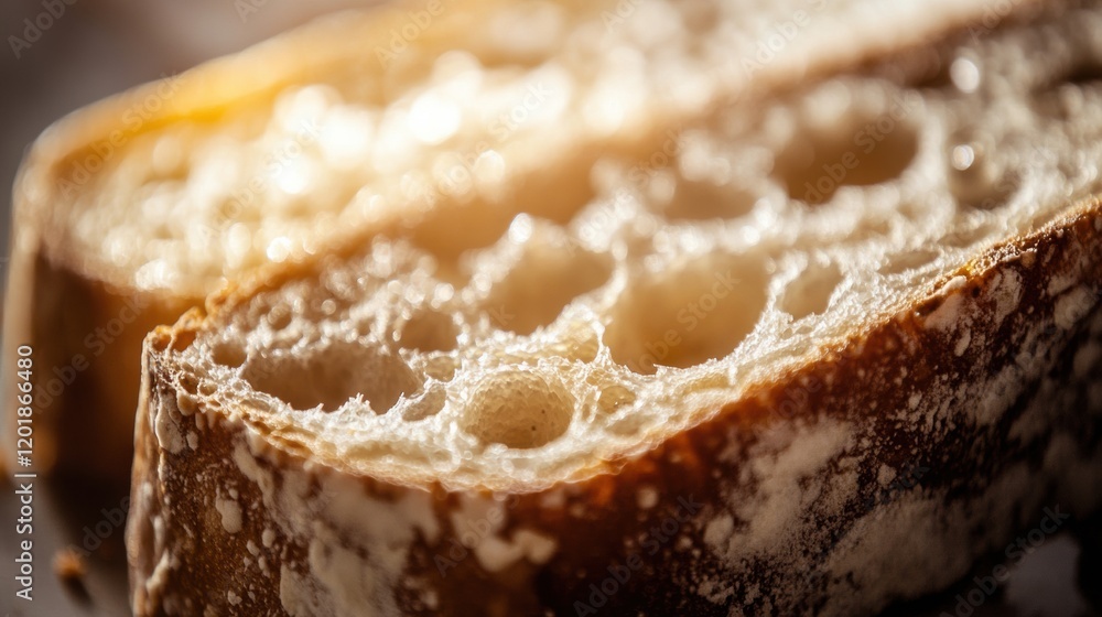 Aufkleber Close up of bacteria growing on a slice of bread, showcasing microbial life and surface texture in a kitchen setting. Generative AI