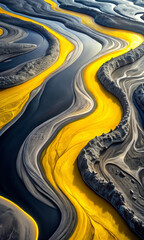 Vibrant yellow and dark gray swirls create a striking contrast, resembling a flowing river or abstract landscape. The dynamic curves and bold colors evoke a sense of movement and depth.AI