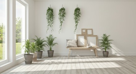 Bright sunlit interior, Scandinavian minimalist design, large windows, wooden bench, potted plants, hanging ivy, empty picture frames, white walls, cozy reading nook, natural light, serene atmosphere,