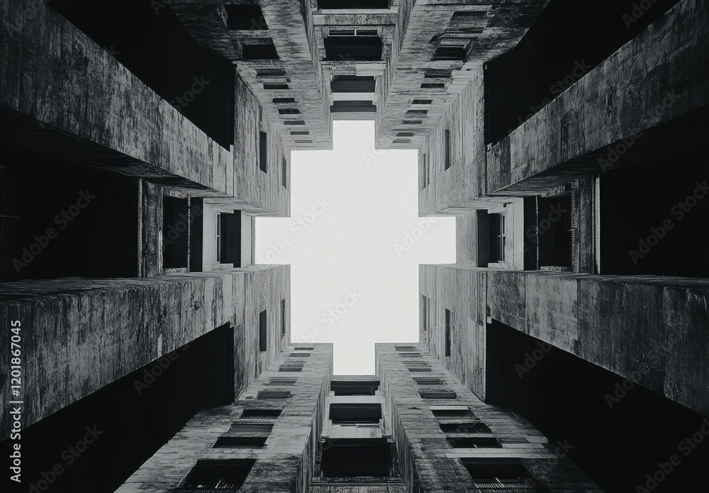 Poster abstract view of a building's architecture from below highlighting rectangular shapes and light gap 