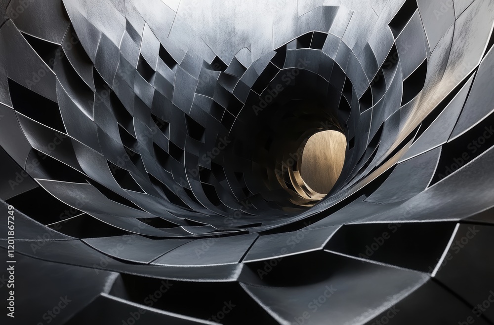 Poster abstract view of a spiraling tunnel created from geometric metal shapes, showcasing intricate detail