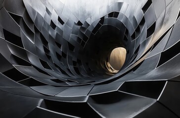 Abstract view of a spiraling tunnel created from geometric metal shapes, showcasing intricate details and a unique interplay of light and shadow, perfect for modern architectural designs.