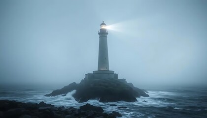 Lighthouse Shining Bright in Foggy Ocean Waves