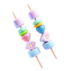 Two colorful skewers are adorned with playful shapes and vibrant hues. They showcase an assortment of pastel-colored beads and playful designs.