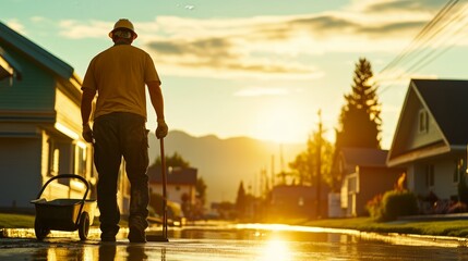 Fototapeta premium A silhouette of a worker walking down a sunlit street, reflecting on a day's labor.